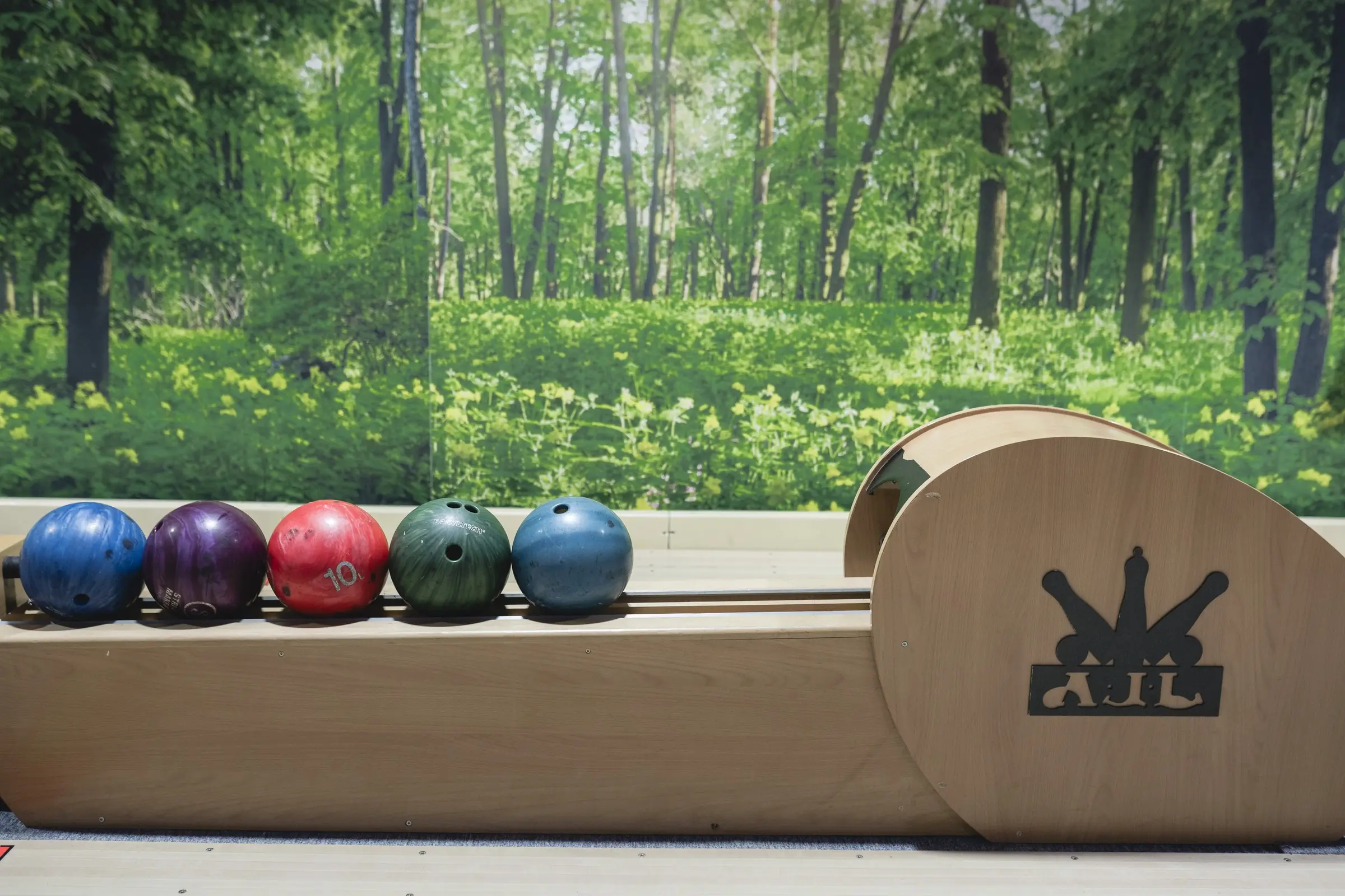 Bilele de bowling pe rack, în fața peretelui cu pădure